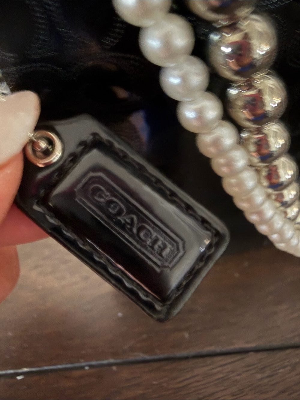 Coach 2010 Black Patent Signature Wristlet with Pearl and Silver Bead Strap - Picture 3 of 4
